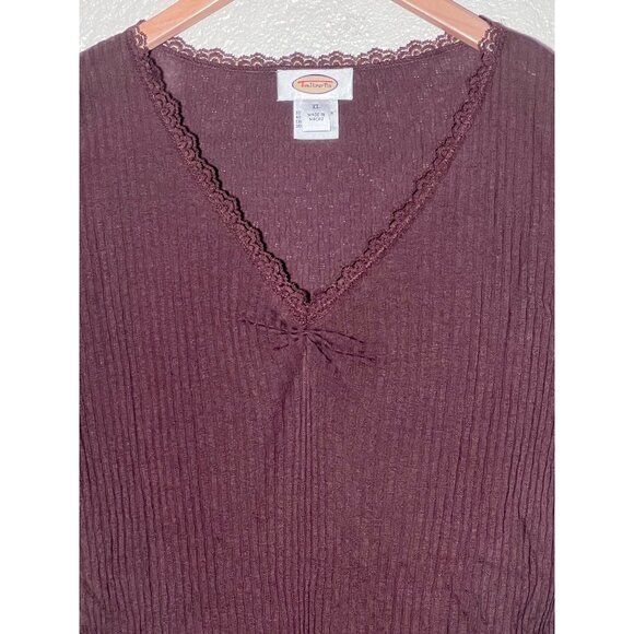 Talbots Top XL Pull Over Brown Lace Trim 60% Pima Cotton 40% Modal Ribbed Y2K - Picture 4 of 15